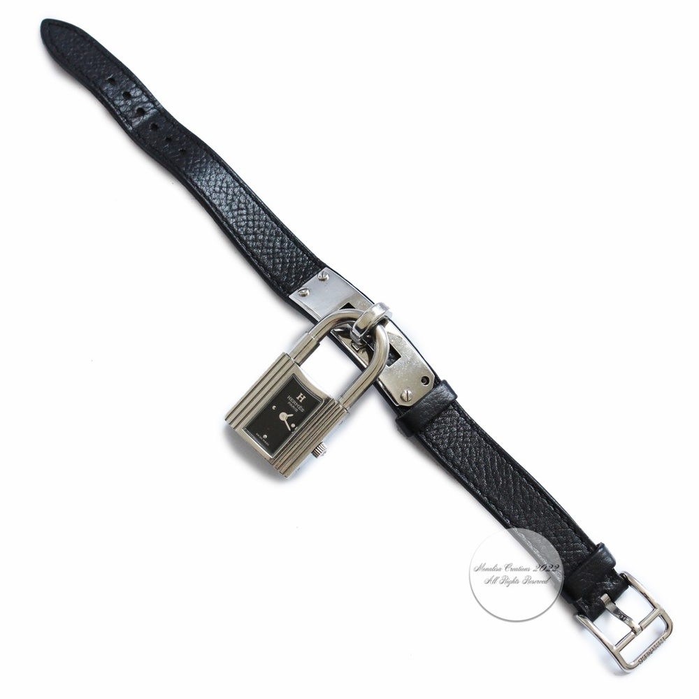 Hermes Kelly Watch Silver Cadena Lock Black Epsom Leather Strap 2004 with COA